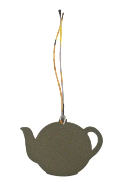 Olive grained leather and silk large teapot bag charm and key holder