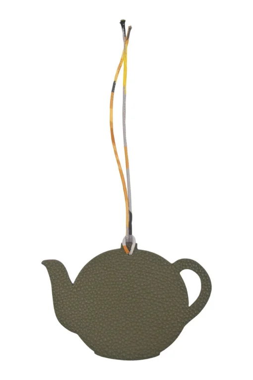 Olive grained leather and silk large teapot bag charm and key holder