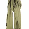 Olive green cashmere scarf with tassels and embroidered logo