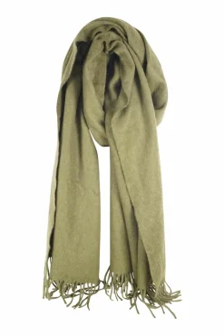 Olive green cashmere scarf with tassels and embroidered logo
