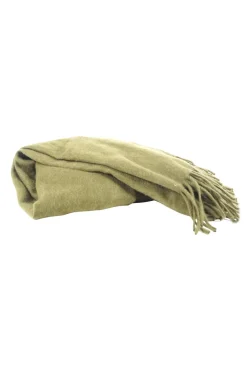 Olive green cashmere scarf with tassels and embroidered logo