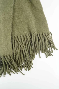 Olive green cashmere scarf with tassels and embroidered logo