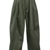 Olive green cotton gabardine relaxed tuck pleat straight-leg chinos with drawstring waist