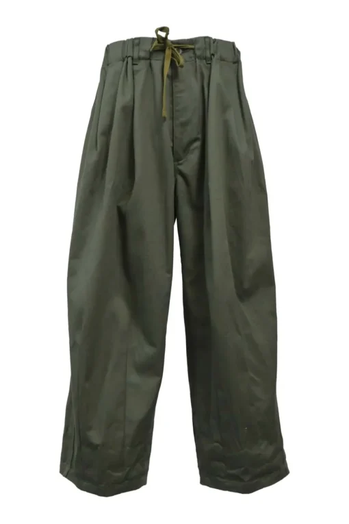 Olive green cotton gabardine relaxed tuck pleat straight-leg chinos with drawstring waist