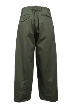 Olive green cotton gabardine relaxed tuck pleat straight-leg chinos with drawstring waist