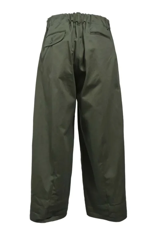 Olive green cotton gabardine relaxed tuck pleat straight-leg chinos with drawstring waist