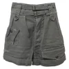 Olive green cotton-blend pull-on utility shorts with stacked pull tab waistband
