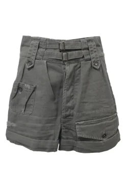 Olive green cotton-blend pull-on utility shorts with stacked pull tab waistband