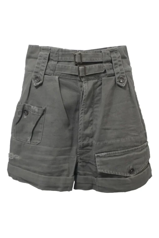 Olive green cotton-blend pull-on utility shorts with stacked pull tab waistband