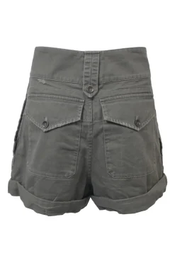 Olive green cotton-blend pull-on utility shorts with stacked pull tab waistband