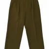 Olive green polyester-blend pull-on high-rise pleated straight-leg tailored trousers