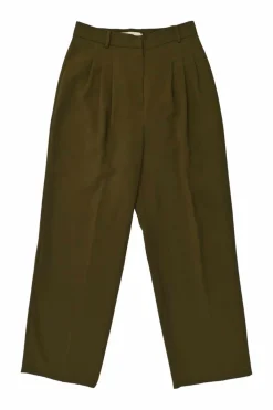 Olive green polyester-blend pull-on high-rise pleated straight-leg tailored trousers