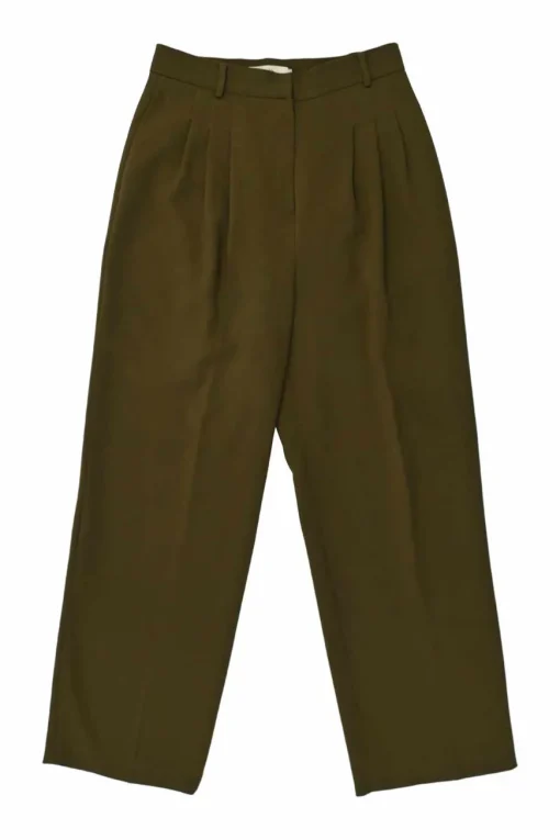 Olive green polyester-blend pull-on high-rise pleated straight-leg tailored trousers