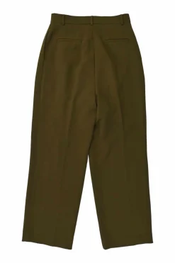 Olive green polyester-blend pull-on high-rise pleated straight-leg tailored trousers