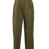 Olive green polyestrr-blend gabardine paper-bag waist pleat-front belted pants
