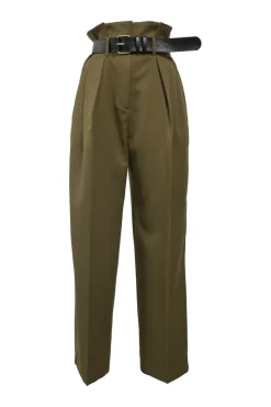 Olive green polyestrr-blend gabardine paper-bag waist pleat-front belted pants