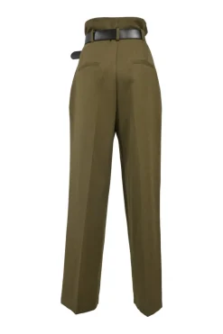 Olive green polyestrr-blend gabardine paper-bag waist pleat-front belted pants