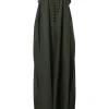 Olive green silk button-loop slip-style jumpsuit