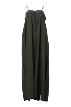 Olive green silk button-loop slip-style jumpsuit
