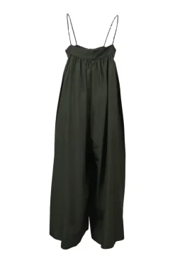 Olive green silk button-loop slip-style jumpsuit