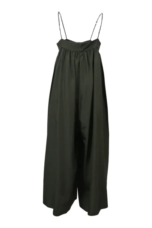 Olive green silk button-loop slip-style jumpsuit