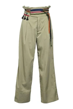 Olive green twill pull-on empire-waist belted wide-leg cargo trousers with multi-colour braided cord waistband appliqué