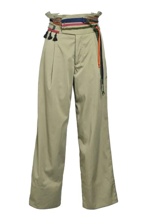 Olive green twill pull-on empire-waist belted wide-leg cargo trousers with multi-colour braided cord waistband appliqué