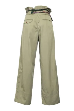 Olive green twill pull-on empire-waist belted wide-leg cargo trousers with multi-colour braided cord waistband appliqué