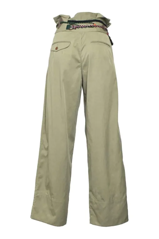 Olive green twill pull-on empire-waist belted wide-leg cargo trousers with multi-colour braided cord waistband appliqué