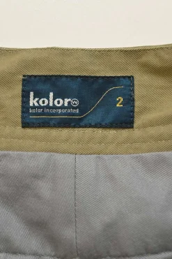 Olive green twill pull-on empire-waist belted wide-leg cargo trousers with multi-colour braided cord waistband appliqué