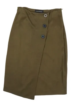 Olive green viscose apron-style wrap-front midi pencil skirt