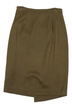 Olive green viscose apron-style wrap-front midi pencil skirt