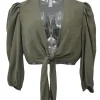 Olive rayon-blend plunge neck tie-front cropped blouse and high-rise straight leg pant two-piece set