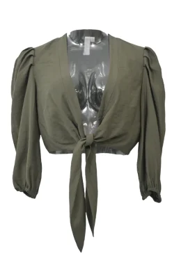 Olive rayon-blend plunge neck tie-front cropped blouse and high-rise straight leg pant two-piece set