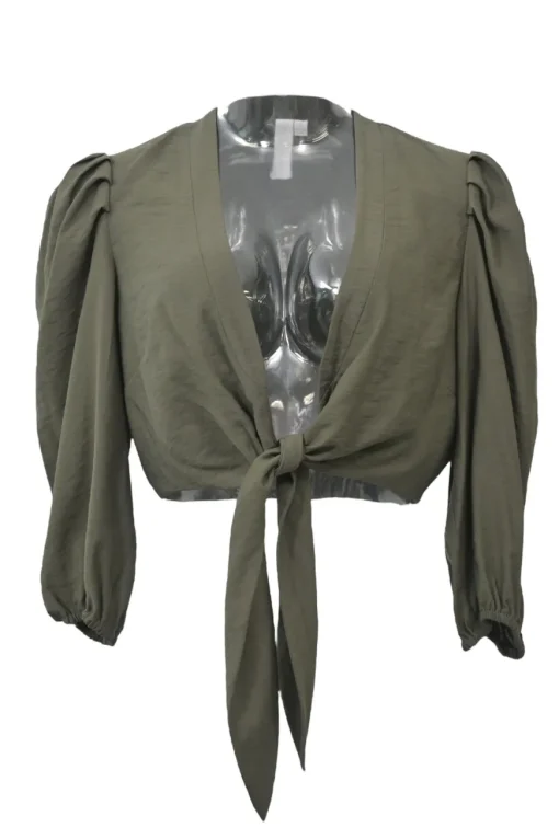 Olive rayon-blend plunge neck tie-front cropped blouse and high-rise straight leg pant two-piece set