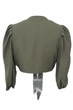 Olive rayon-blend plunge neck tie-front cropped blouse and high-rise straight leg pant two-piece set