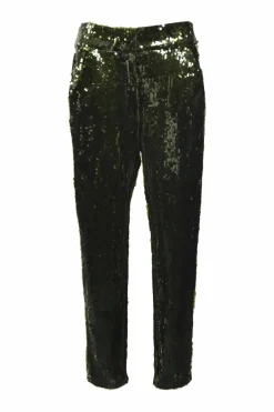 Olive sequin-embellished viscose pull-on high-rise tapered leg tailored trousers