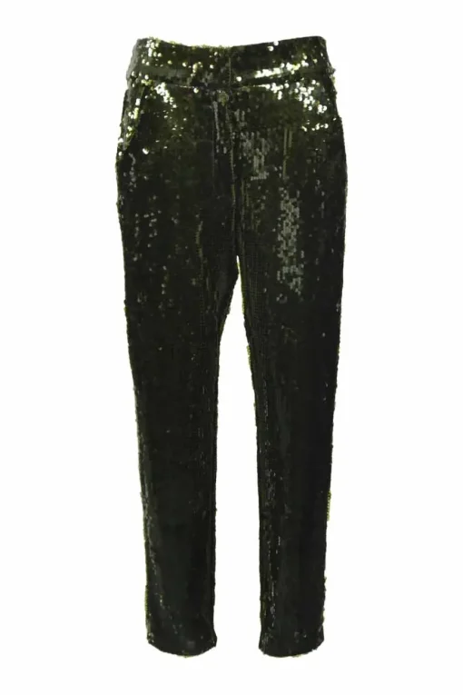 Olive sequin-embellished viscose pull-on high-rise tapered leg tailored trousers