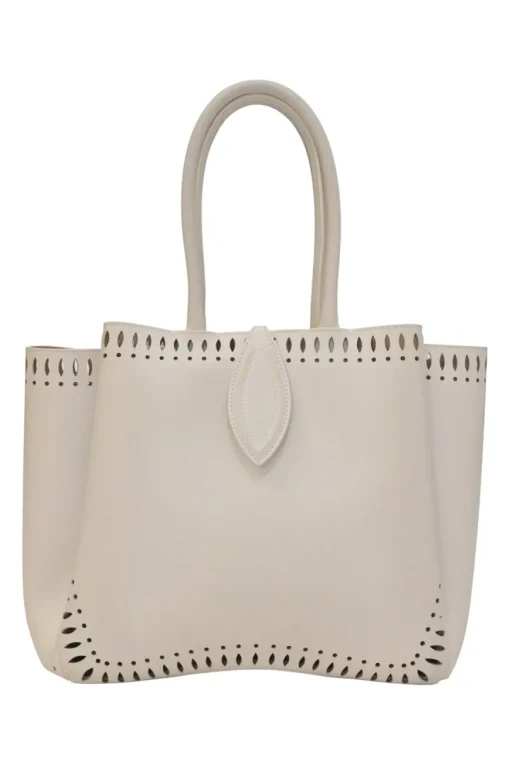 Optic white laser-cut leather Angèle 32 shopper tote