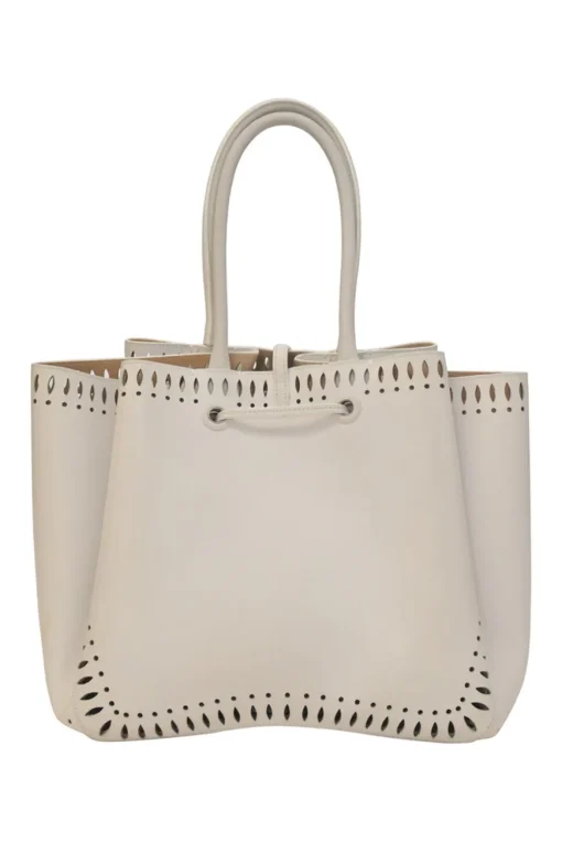 Optic white laser-cut leather Angèle 32 shopper tote