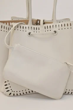Optic white laser-cut leather Angèle 32 shopper tote