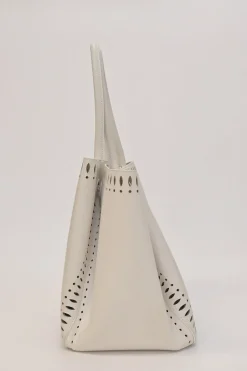 Optic white laser-cut leather Angèle 32 shopper tote