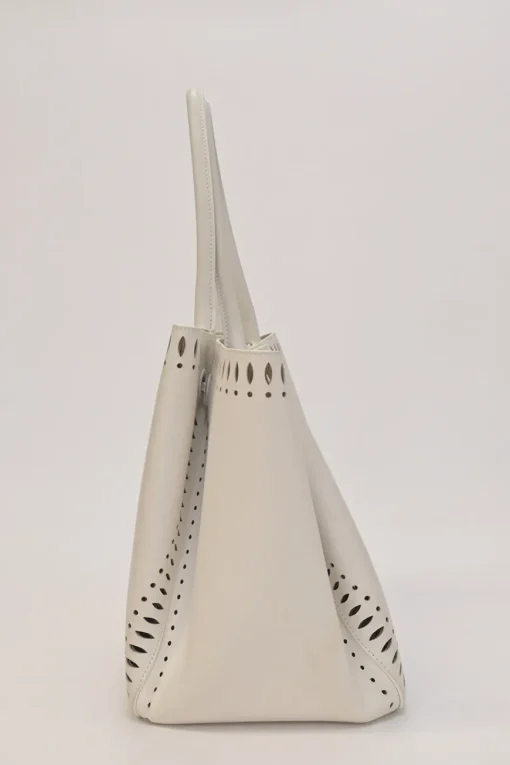 Optic white laser-cut leather Angèle 32 shopper tote