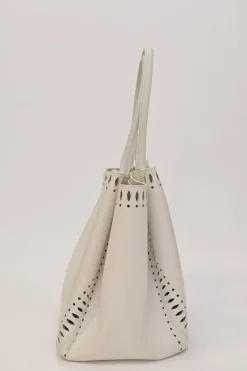 Optic white laser-cut leather Angèle 32 shopper tote
