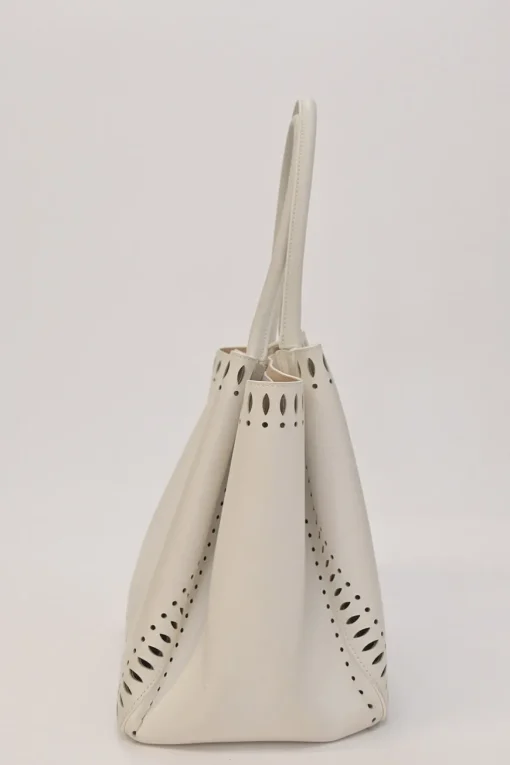 Optic white laser-cut leather Angèle 32 shopper tote