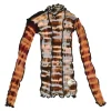 Orange and black paneled polyamide mesh second-skin Hot Wok turtleneck top with lettuce hem