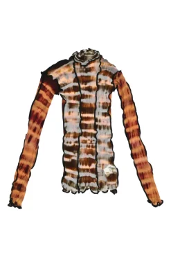 Orange and black paneled polyamide mesh second-skin Hot Wok turtleneck top with lettuce hem