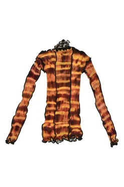 Orange and black paneled polyamide mesh second-skin Hot Wok turtleneck top with lettuce hem