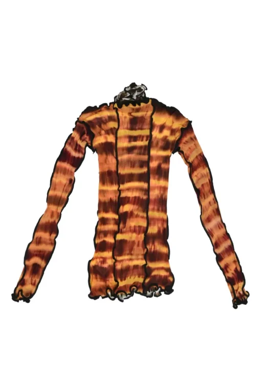 Orange and black paneled polyamide mesh second-skin Hot Wok turtleneck top with lettuce hem