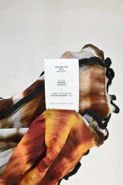 Orange and black paneled polyamide mesh second-skin Hot Wok turtleneck top with lettuce hem